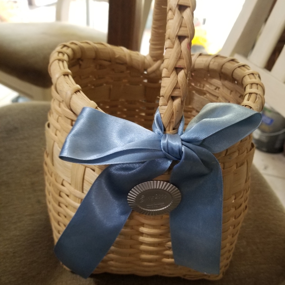 Spring Basket, blue ribbon and dated logo charm